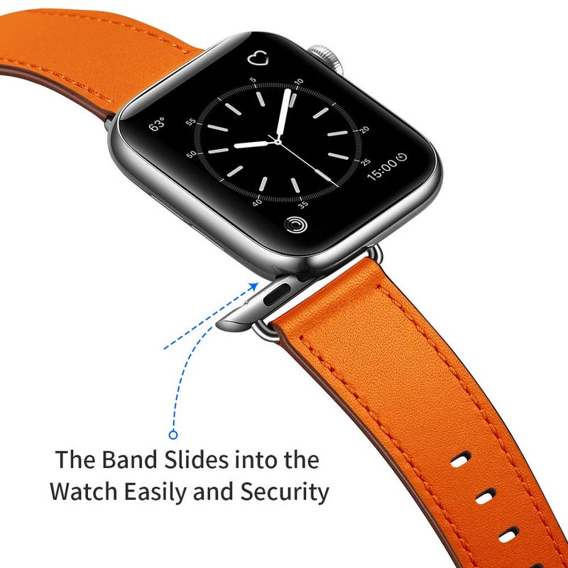 OUHENG Leather Bands Compatible with Apple Watch Band 42mm 41mm 40mm 38mm, Genuine Leather Strap Compatible with Apple Watch Series 11/10/9/8/7/6/5/4/3/2/1 & SE3 SE2 SE, Orange/Silver - Image 4